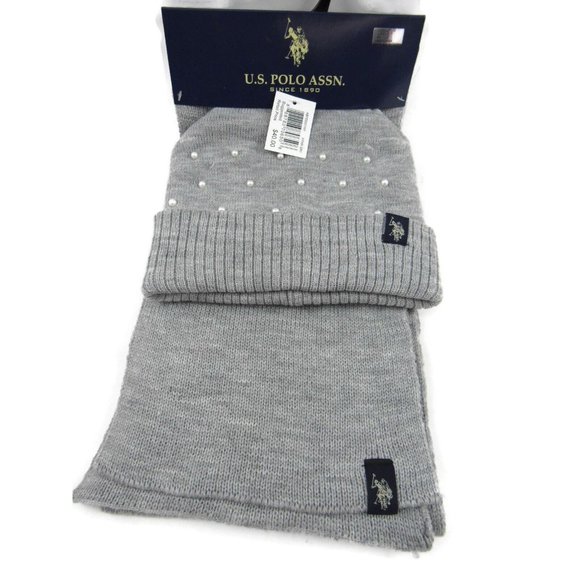 U.S. Polo Assn. Women's Simulated Pearls Knit Hat & Scarf Set Gray One Size New - Picture 6 of 6